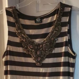 Bobeau Womens Beaded Brown Cream Striped Cotton Tank, Large